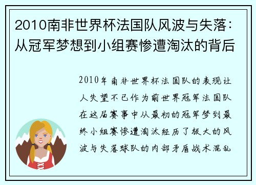 2010南非世界杯法国队风波与失落:从冠军梦想到小组赛惨遭淘汰的背后分析